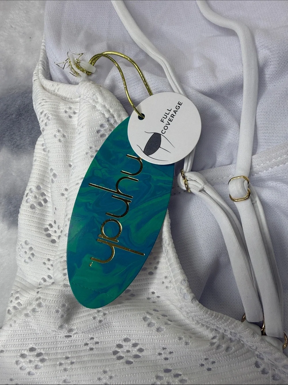 Mynah White Eyelet One-Piece Swimsuit with Decorative Ring Belt